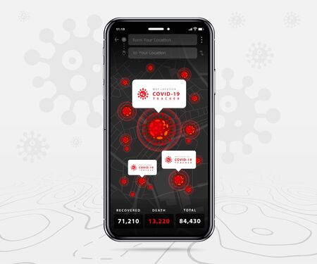 Covid-19, Mobile map tracker, Smartphone map application and track corona virus pinpoint on screen, App search map navigation, isolated on line maps background, Vector illustration for graphic designのイラスト素材
