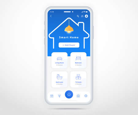 Smartphone smart home controlled app UX UI, IOT Internet of things technology, Digital future home automation tech, smart devices application phone, Room Wifi lighting heating air, vector illustrationのイラスト素材