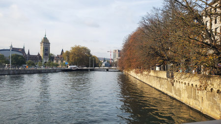 View of the embankment of the river in Ghent, Belgiumの写真素材