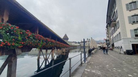 View of the Chapel Bridge in Lucerne, Switzerland. Lucerne is the capital and largest city of Switzerland.の写真素材