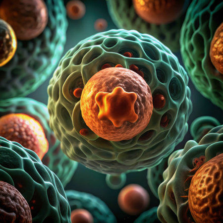 Detailed 3D rendering of cells with intricate textures and vibrant colors. Ideal for medical, scientific, or biological publications.の素材