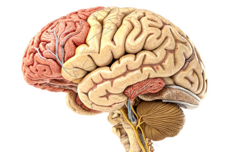 High-resolution 3D rendering of a human brain, showcasing intricate details of its anatomy. Ideal for medical, educational, or scientific purposes.の素材