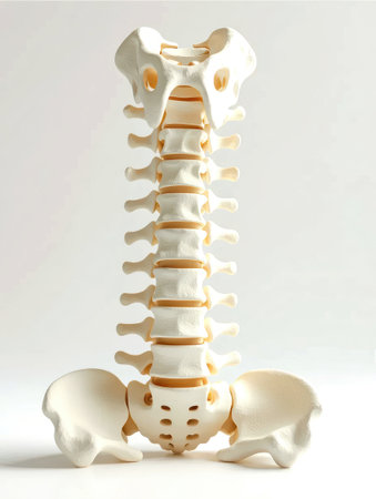 High-quality photo of a lumbar vertebrae with sacrum model, isolated on white background. Ideal for anatomy, medicine, healthcare, and education.の素材