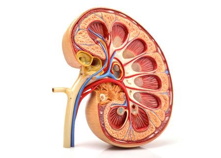 High-quality stock photo of a detailed anatomical model of a human kidney, showcasing its internal structures, including the renal pyramids, medulla, cortex, pelvis, and blood vessels.  Perfect for medical publications, educational materials, or anatomical studies.の素材
