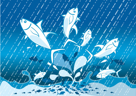 Fishes vector graphic jumping above the sea.のイラスト素材