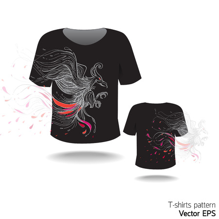Black and white T-shirt pattern design with fantasy bird both side. create by vector fileのイラスト素材