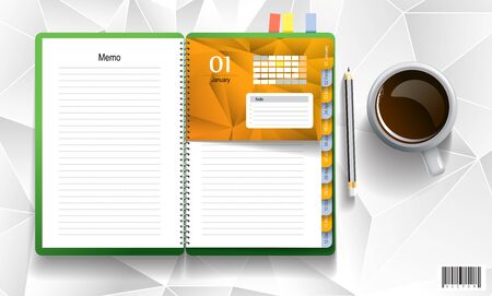 Note book with coffee cup, note papers and pencil, Business working elements for web design. vector fileのイラスト素材