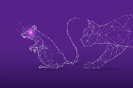 The particles, geometric art, line and dot of cat catching rat.abstract vector illustration. graphic design concept of animal.- line stroke weight editableのイラスト素材