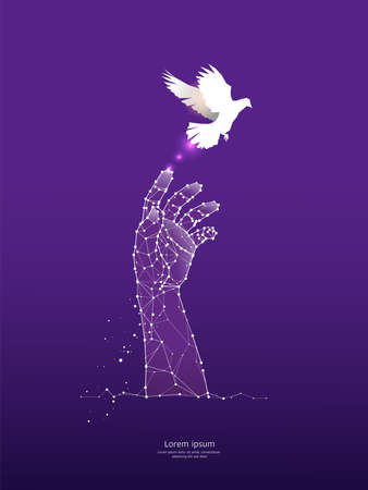The particles, geometric art, line, and the dot of hand is up. abstract vector illustration. the graphic design concept of freedom. line stroke weight editableのイラスト素材