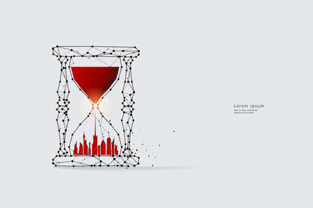 Particle art, geometry, lines, and dots. Vector graphic concept of sand watch and times. The stroke...