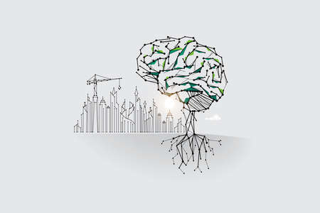 Vector illustration of brain graphic line and dots. Conceptual vision. line stroke editable.