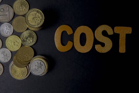 Coins in the glass with words cost . Money and business saving concept.