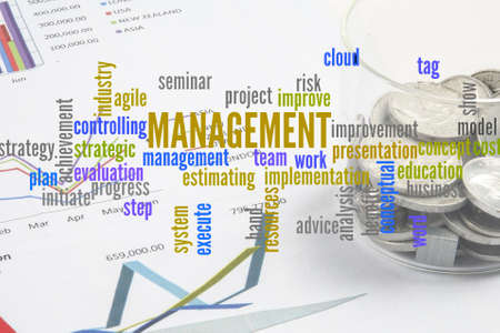 Project management with office stationery  around the word cloud. Analysis and planning keywords.