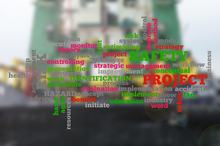 Project management conceptual cloud word with shipbuiding activity as a background. Blurred background.の写真素材
