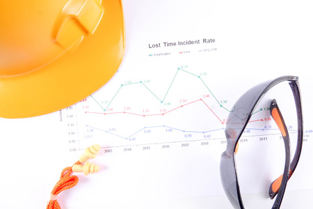 Yellow hardhat safety helmet,safety glass and ear plug over accident statistic graph as a background. Industrial safety and health conceptual.の写真素材