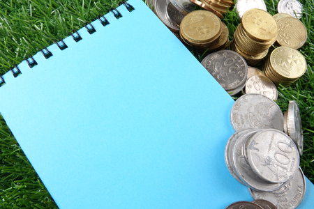 Coins and notepad on the green background.の写真素材