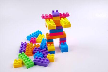Plastic building blocks isolated on white backgroundの写真素材