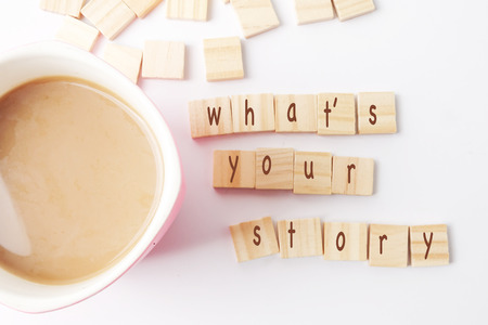 WHAT'S YOUR STORY CONCEPT: Morning simple breakfast with coffee , bread and empty wooden plate. Copy spaceの写真素材