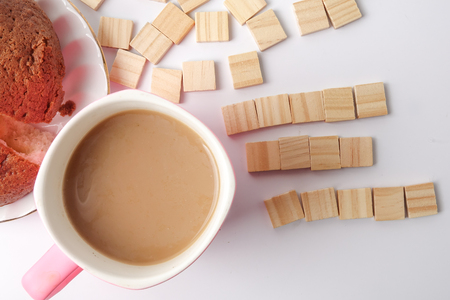 Morning simple breakfast with coffee , bread and empty wooden plate. Copy spaceの写真素材