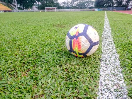 KUALA LUMPUR, 2 JUNE 2018. football field with green grass at sunny day.のeditorial素材