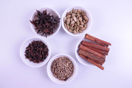 Various indian spices on a white background.