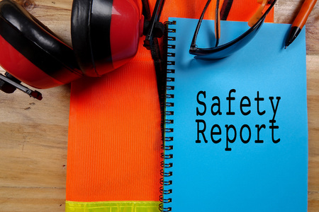 HEALTH,SAFETY & ENVIRONMENT CONCEPTUAL with general texts and standard construction safety equipmentの写真素材