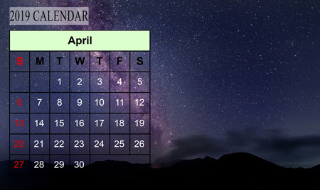 Template of 2019 Monthly Calendar with amazing nature landscape background. Copy Space.の写真素材