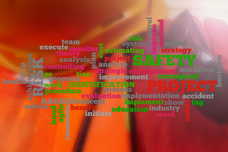 Health & Safety Word Clouds with standard construction safety equipment.の写真素材