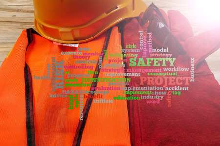Health & Safety Word Clouds with standard construction safety equipment.の写真素材