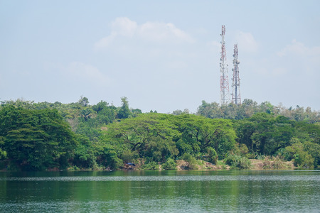 Scenic view of lakeshore during bright day. Selective focus.の写真素材