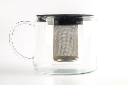 Empty steel coffee maker isolated on white.の写真素材