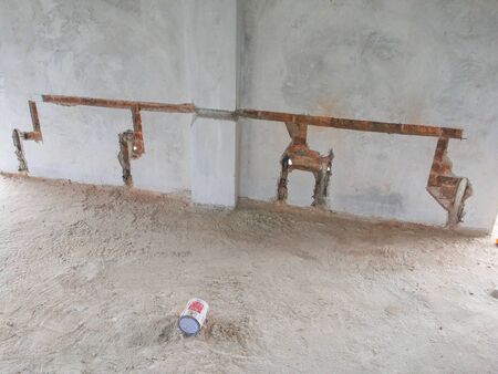 View of unorganised construction site during housing development.の写真素材
