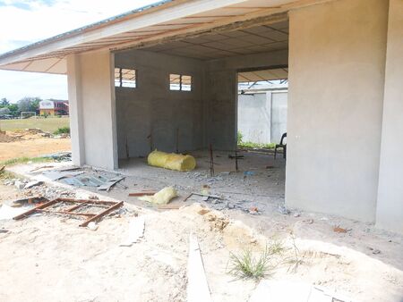 View of unorganised construction site during housing development.の写真素材