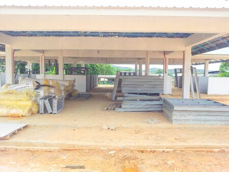 View of unorganised construction site during housing development.の写真素材