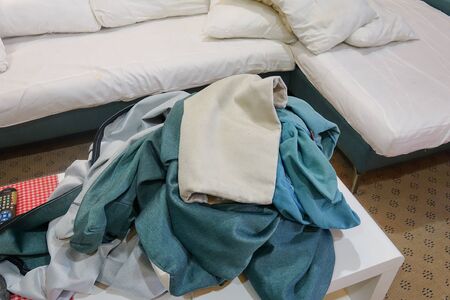 Uncover sofa ready for laundry.の写真素材