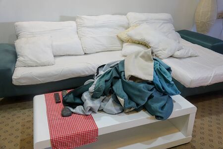 Uncover sofa ready for laundry.の写真素材
