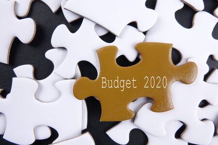 Budget 2020 printed on gold puzzle over white puzzle backgroundの写真素材