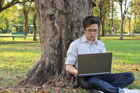 Handsome young business man leaning a tree and using laptop with his work at summer park.の写真素材