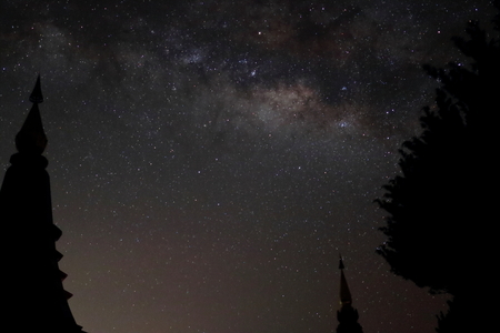 Silhouette bush and pagoda on beautiful milky way on night sky background.の写真素材
