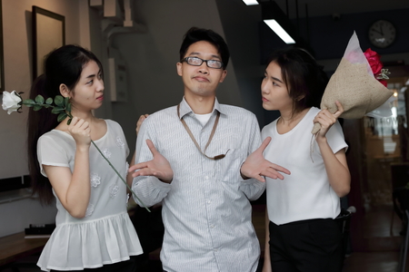 Complicated relationship between three people. Love triangle concept.の写真素材