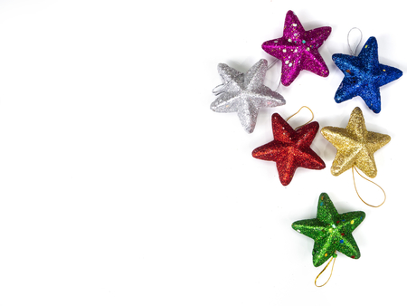 Top view of  star decorations on white  background. Christmas holiday concept