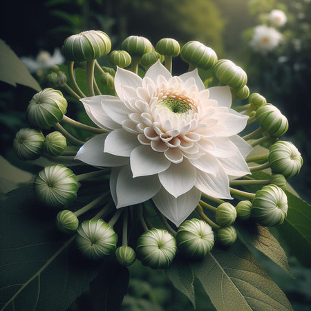 Beautiful white dahlia flower with green leaves in the gardenの写真素材