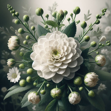 White dahlia with green leaves and flowers on a dark backgroundの写真素材