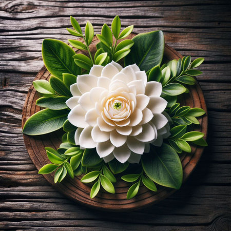 White flower with green leaves on a wooden background. Flat lay.の写真素材