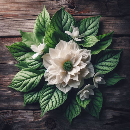 Bouquet of white flowers and green leaves on a wooden backgroundの写真素材