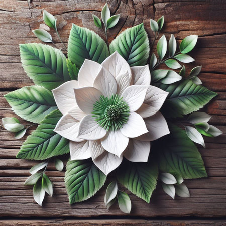 White flower with green leaves on wooden background. Flat lay, top viewの写真素材