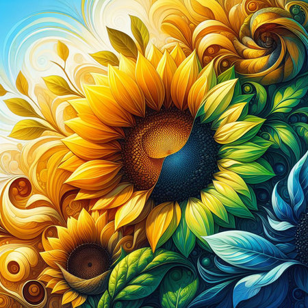 Sunflowers background. Hand drawn vector illustration for your design.の写真素材