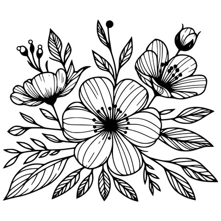 Hand drawn doodle flower. Vector illustration. Black and white.のイラスト素材
