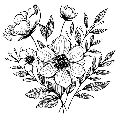 Hand drawn vector illustration of anemone flowers, buds and leavesのイラスト素材