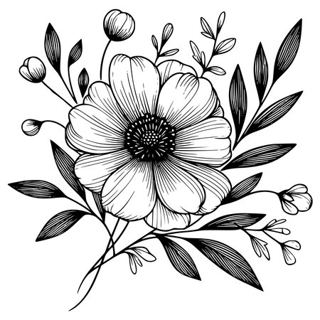 Black and white floral bouquet with poppies. Vector illustration.のイラスト素材